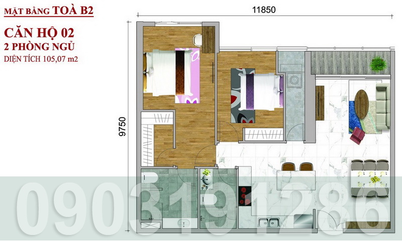 Căn hộ cho thuê Sunwah Pearl lầu 39 block B2 có nội thất 2 phòng ngủ view sông
